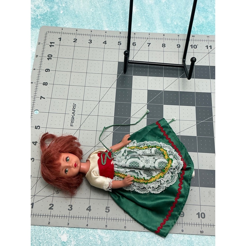 Vintage Miniature Doll Red Hair Green Sleep Eyes Folk Green Dress 7.5 Inch